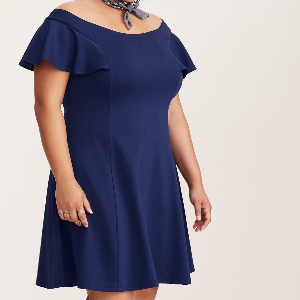 NEW Torrid Blue Off Shoulder Fluted Skater Dress - Picture 3 of 3